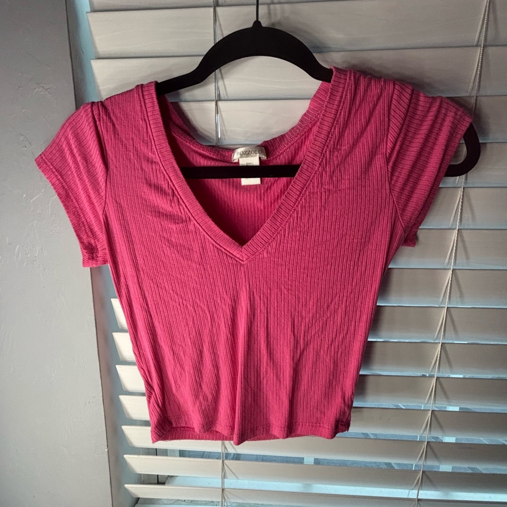 Pink V-Neck Ribbed Women's Top
